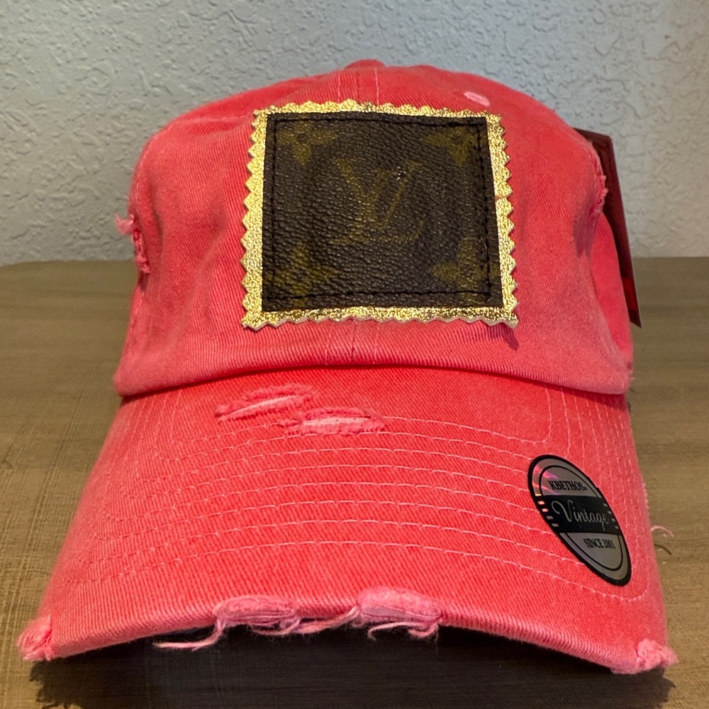 Bright pink distressed Cap with Louis Vuitton vintage Patch